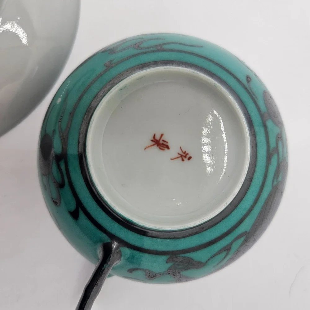 Antique‎ Asian Meiji Perod Eiraku DRAGON Porcelain Tea Cup Saucer Turq Silver